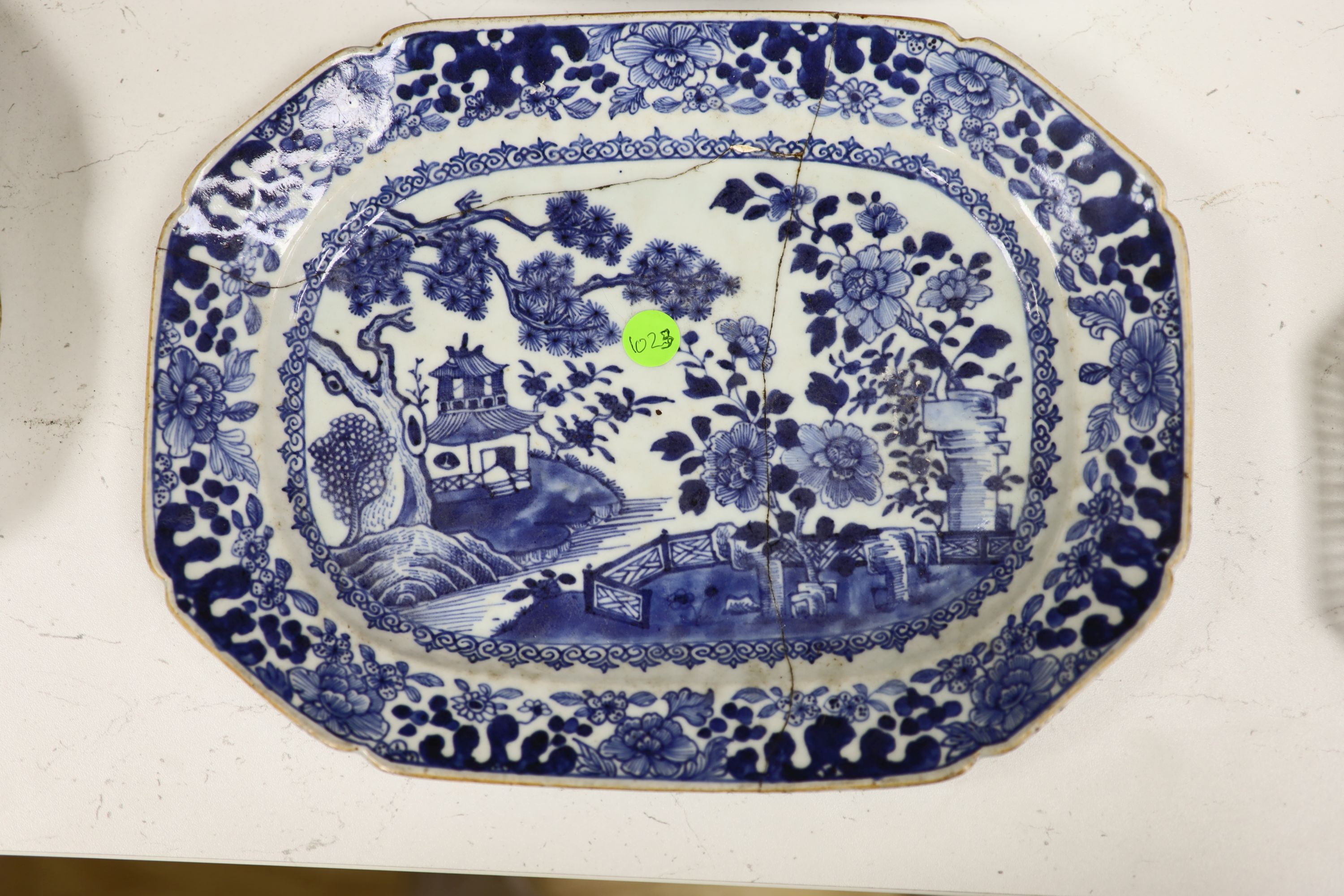 Two 18th century Chinese blue and white meat dishes, length 38.5cm